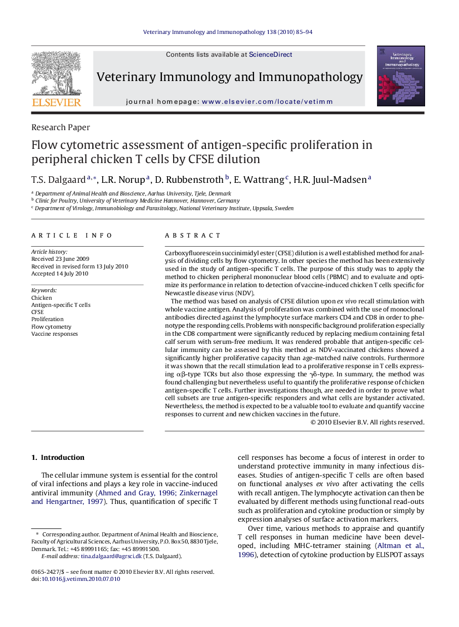 Flow cytometric assessment of antigen-specific proliferation in peripheral chicken T cells by CFSE dilution