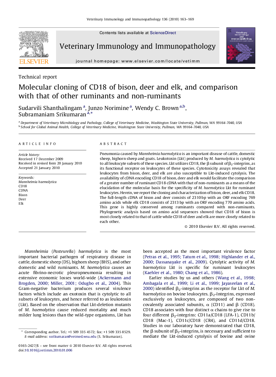 Molecular cloning of CD18 of bison, deer and elk, and comparison with that of other ruminants and non-ruminants