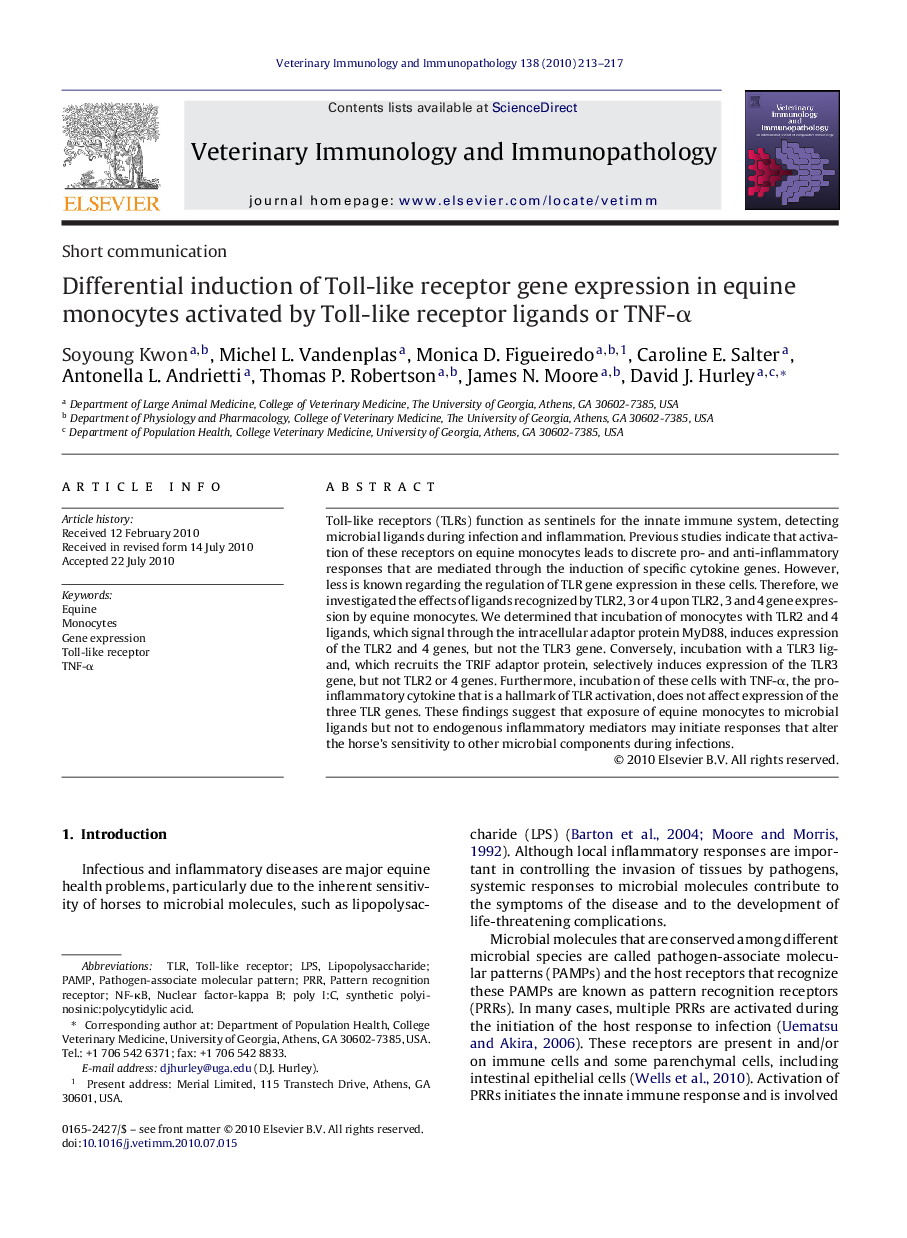 Differential induction of Toll-like receptor gene expression in equine monocytes activated by Toll-like receptor ligands or TNF-α