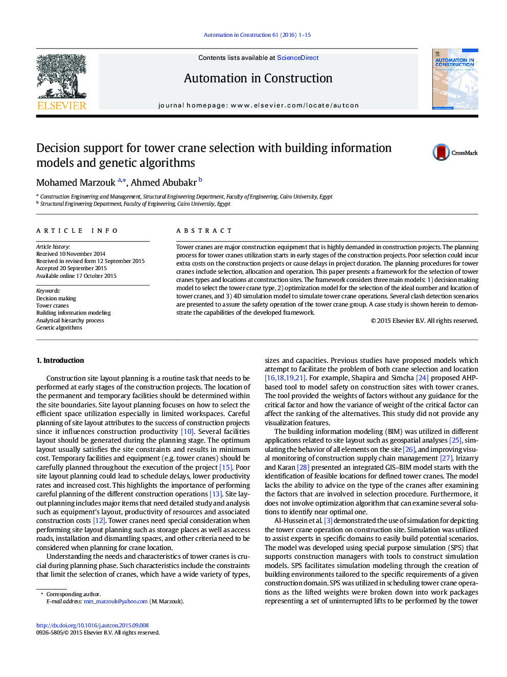 Decision support for tower crane selection with building information models and genetic algorithms