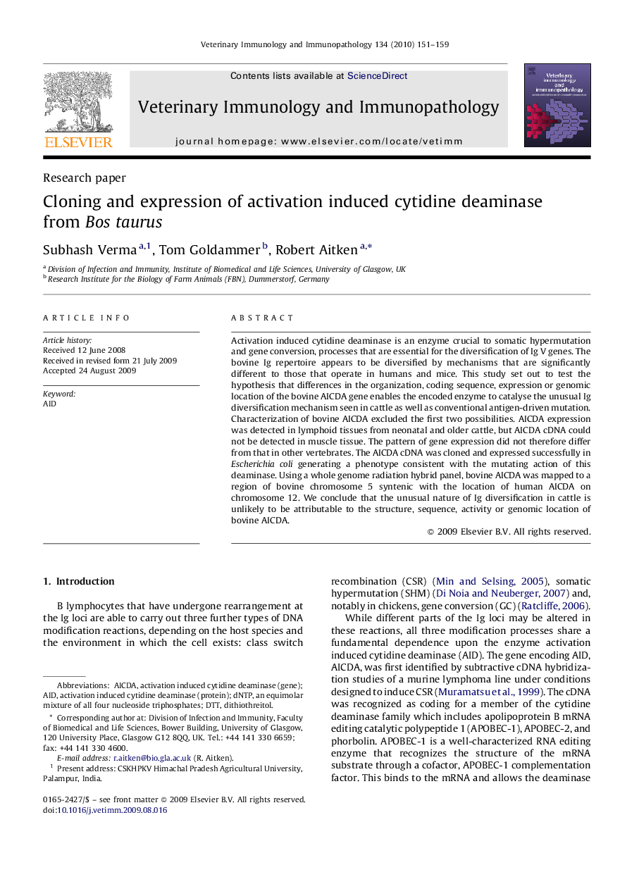 Cloning and expression of activation induced cytidine deaminase from Bos taurus