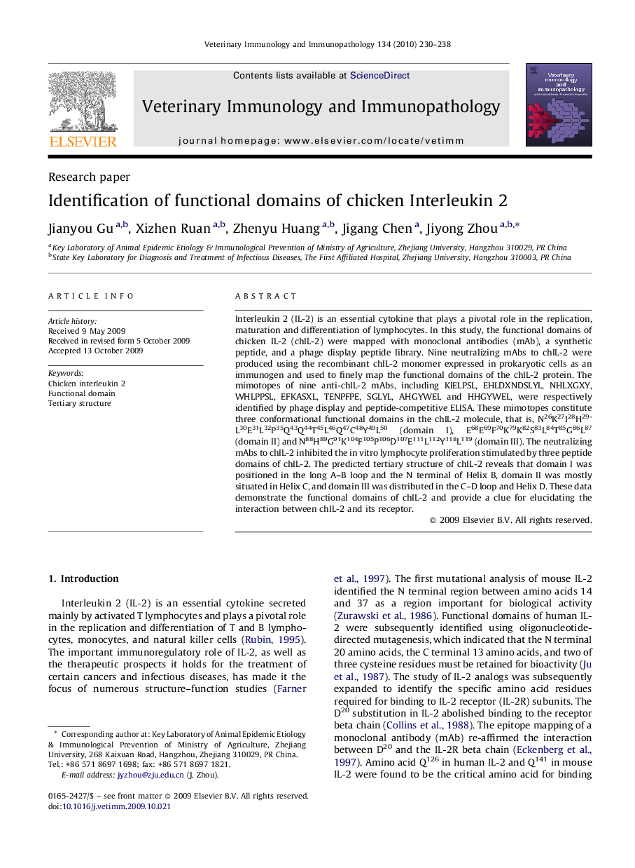 Identification of functional domains of chicken Interleukin 2