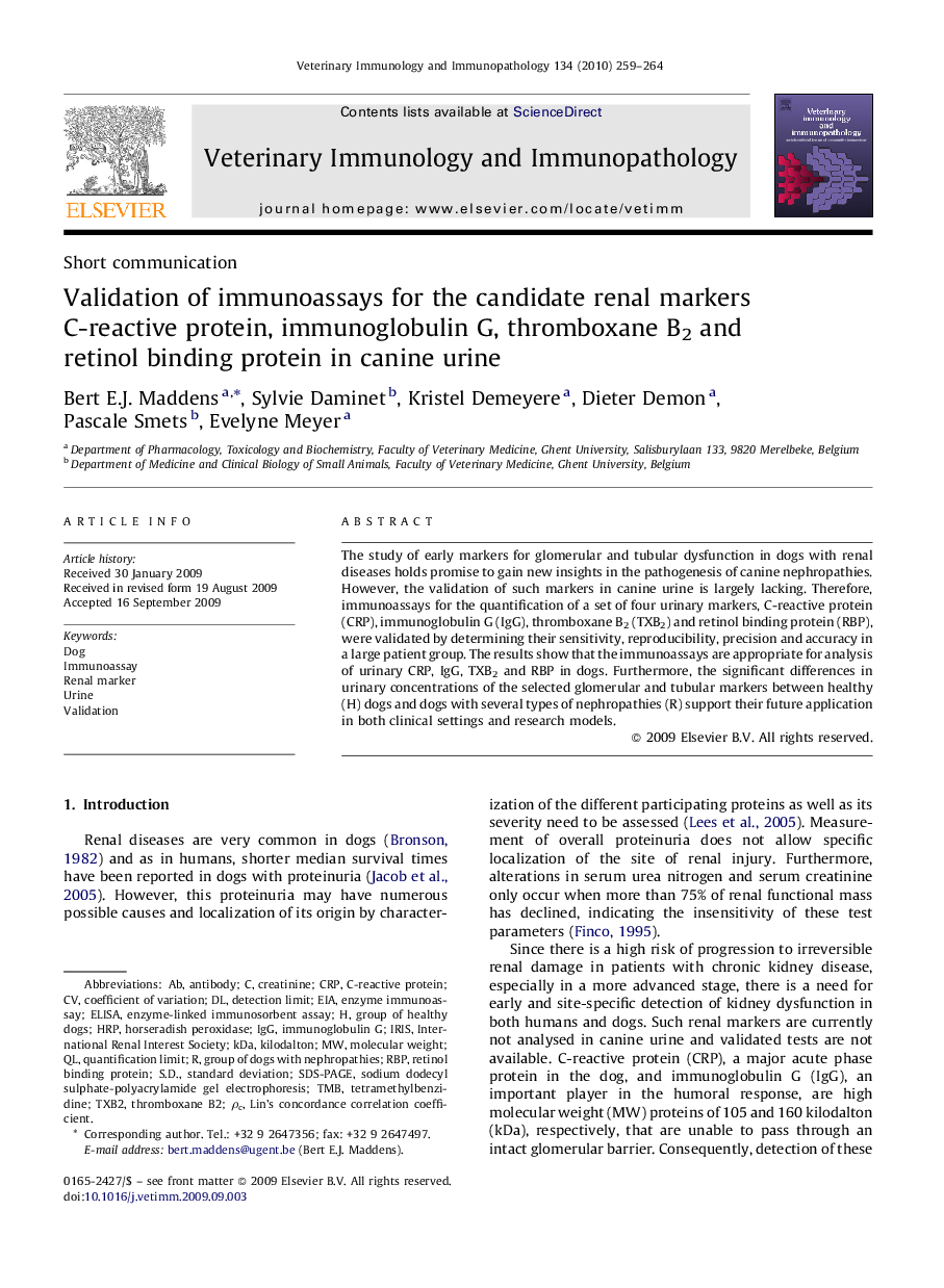 Validation of immunoassays for the candidate renal markers C-reactive protein, immunoglobulin G, thromboxane B2 and retinol binding protein in canine urine