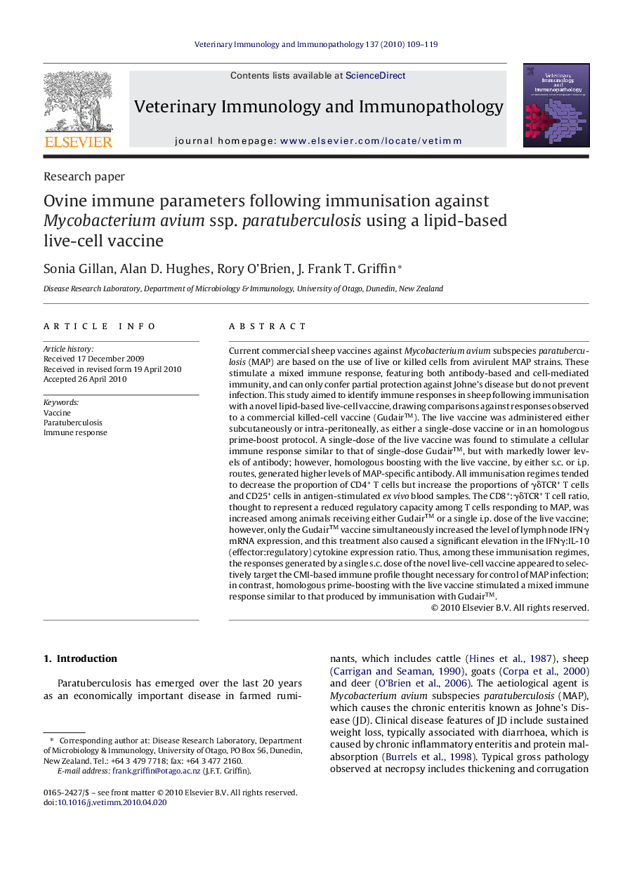 Ovine immune parameters following immunisation against Mycobacterium avium ssp. paratuberculosis using a lipid-based live-cell vaccine