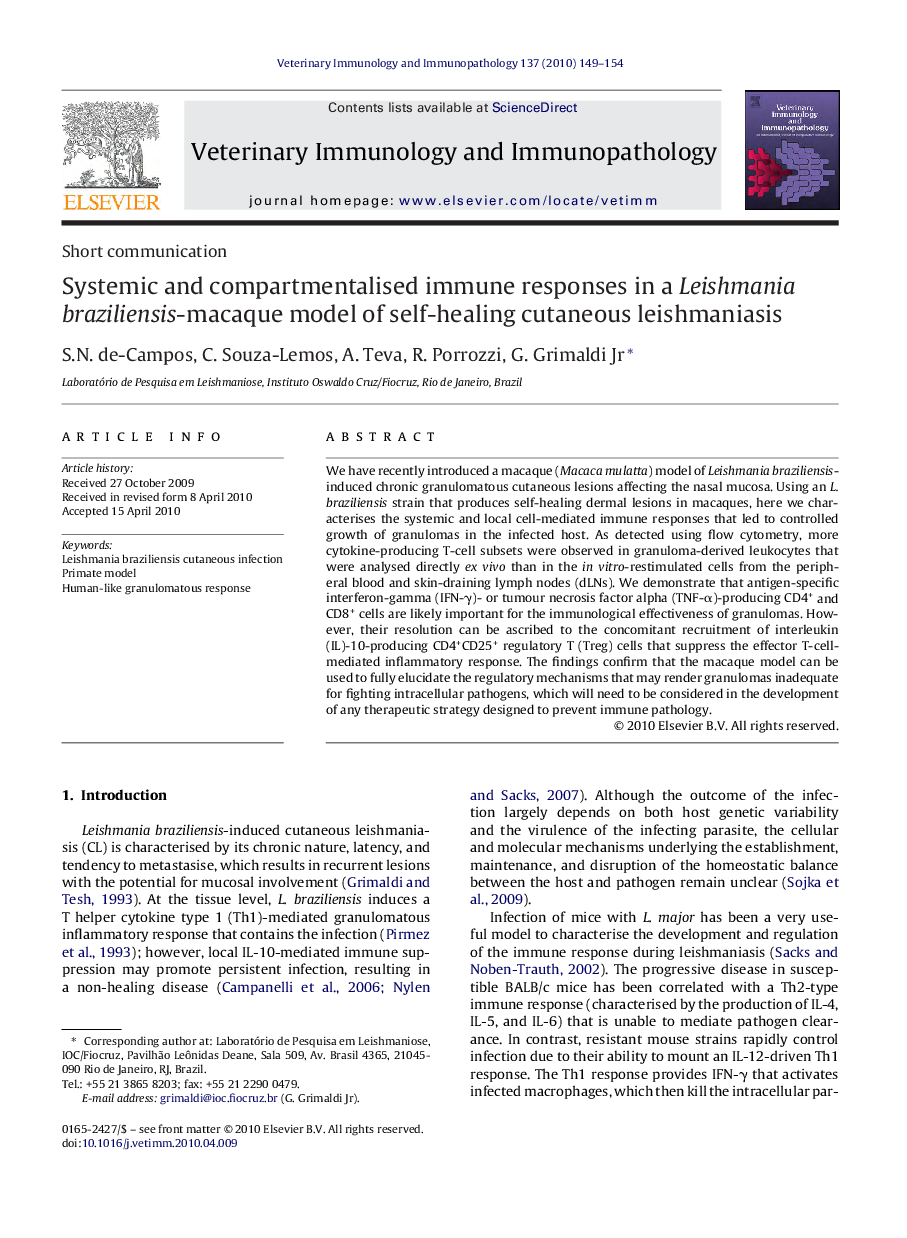 Systemic and compartmentalised immune responses in a Leishmania braziliensis-macaque model of self-healing cutaneous leishmaniasis