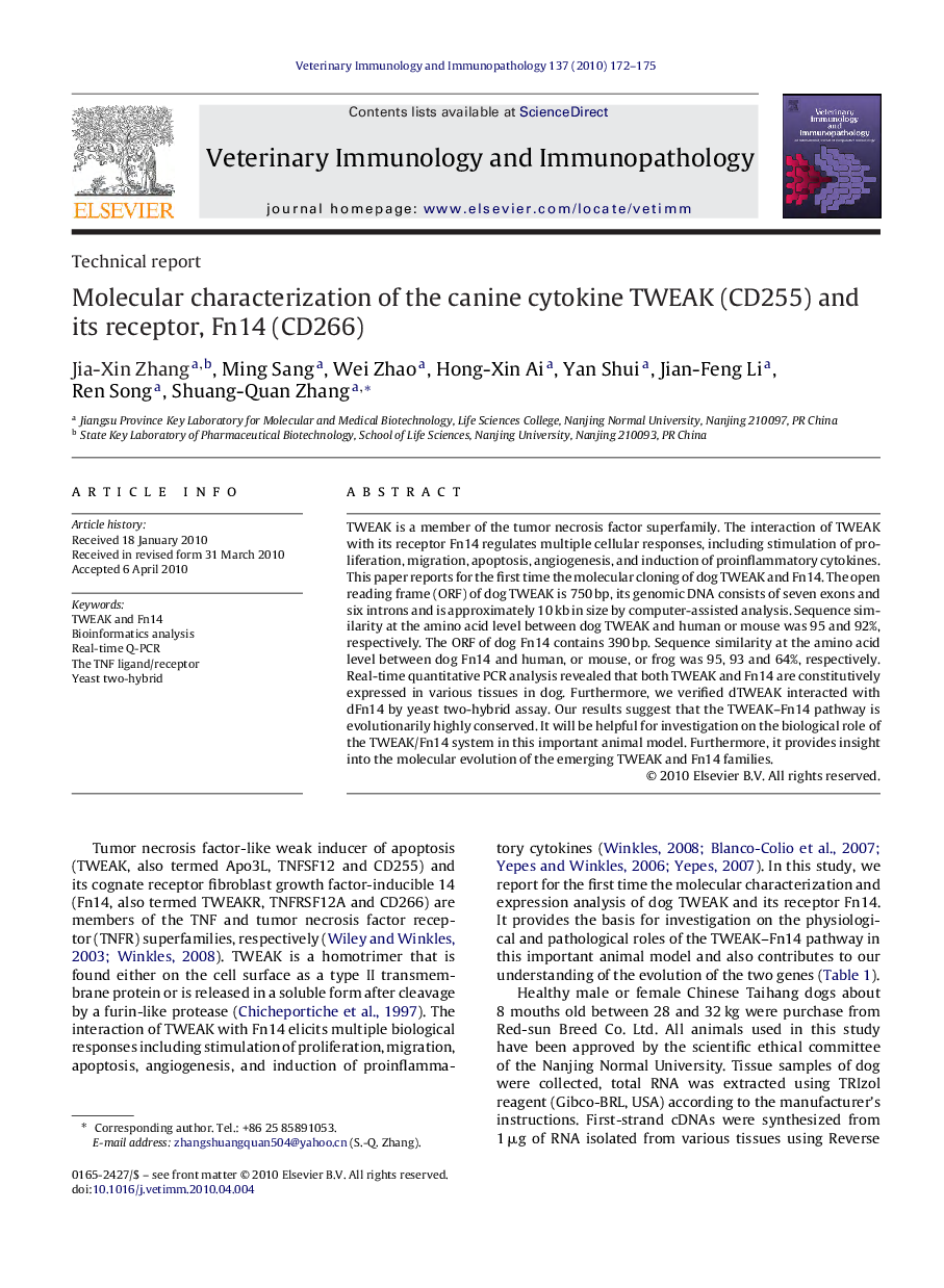 Molecular characterization of the canine cytokine TWEAK (CD255) and its receptor, Fn14 (CD266)