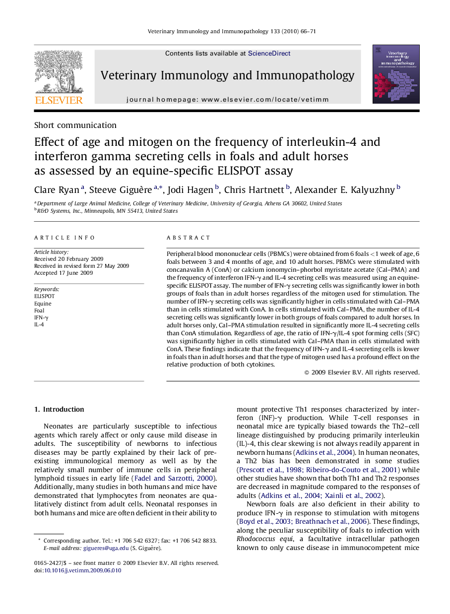 Effect of age and mitogen on the frequency of interleukin-4 and interferon gamma secreting cells in foals and adult horses as assessed by an equine-specific ELISPOT assay