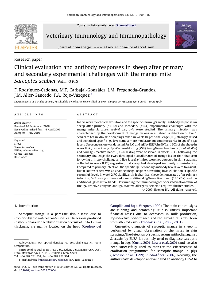 Clinical evaluation and antibody responses in sheep after primary and secondary experimental challenges with the mange mite Sarcoptes scabiei var. ovis