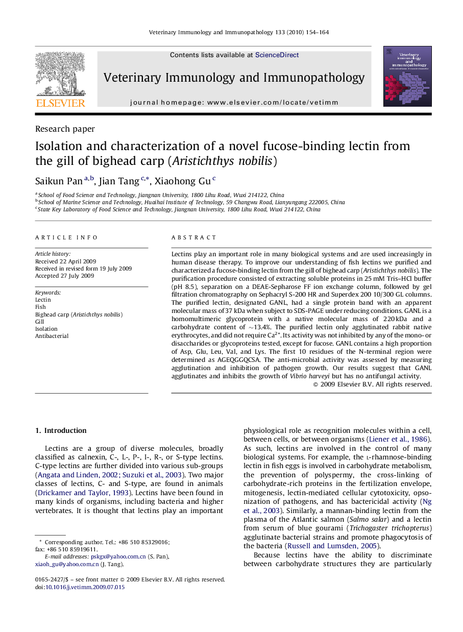 Isolation and characterization of a novel fucose-binding lectin from the gill of bighead carp (Aristichthys nobilis)