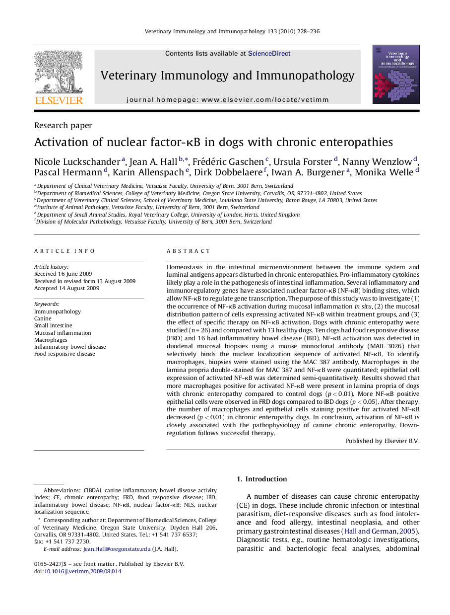 Activation of nuclear factor-κB in dogs with chronic enteropathies