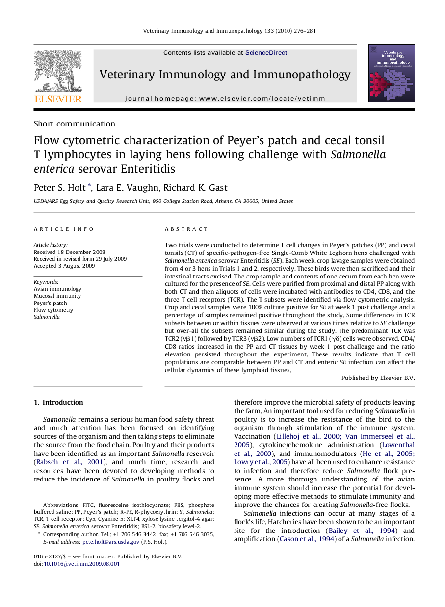 Flow cytometric characterization of Peyer's patch and cecal tonsil T lymphocytes in laying hens following challenge with Salmonella enterica serovar Enteritidis