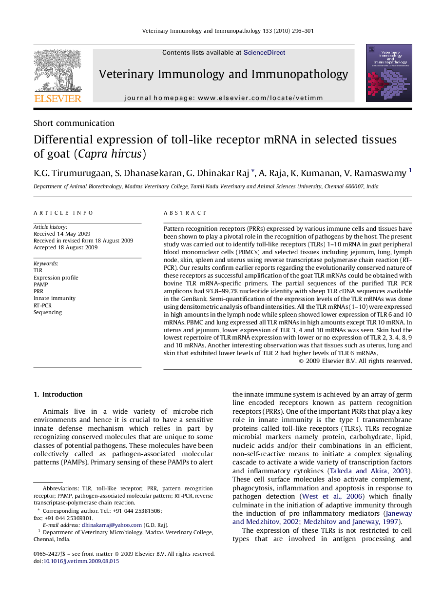 Differential expression of toll-like receptor mRNA in selected tissues of goat (Capra hircus)