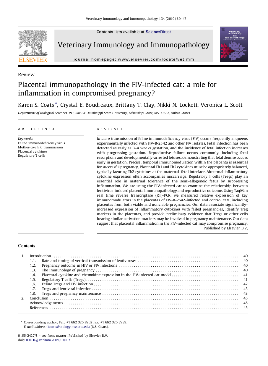 Placental immunopathology in the FIV-infected cat: a role for inflammation in compromised pregnancy?