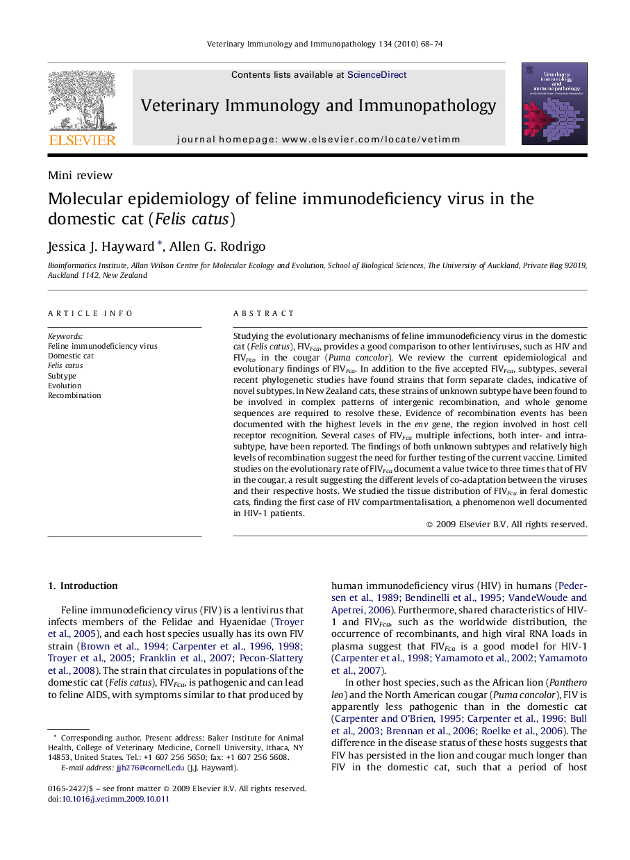 Molecular epidemiology of feline immunodeficiency virus in the domestic cat (Felis catus)