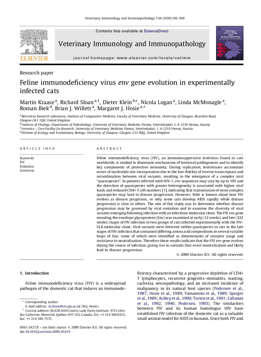 Feline immunodeficiency virus env gene evolution in experimentally infected cats