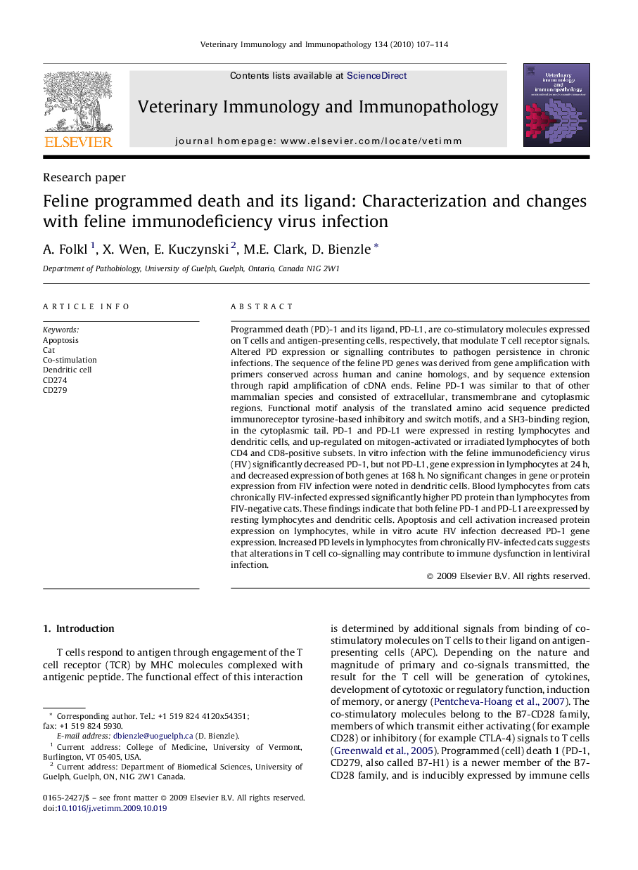 Feline programmed death and its ligand: Characterization and changes with feline immunodeficiency virus infection