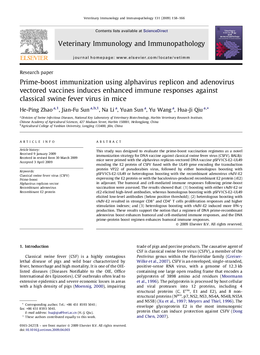 Prime-boost immunization using alphavirus replicon and adenovirus vectored vaccines induces enhanced immune responses against classical swine fever virus in mice