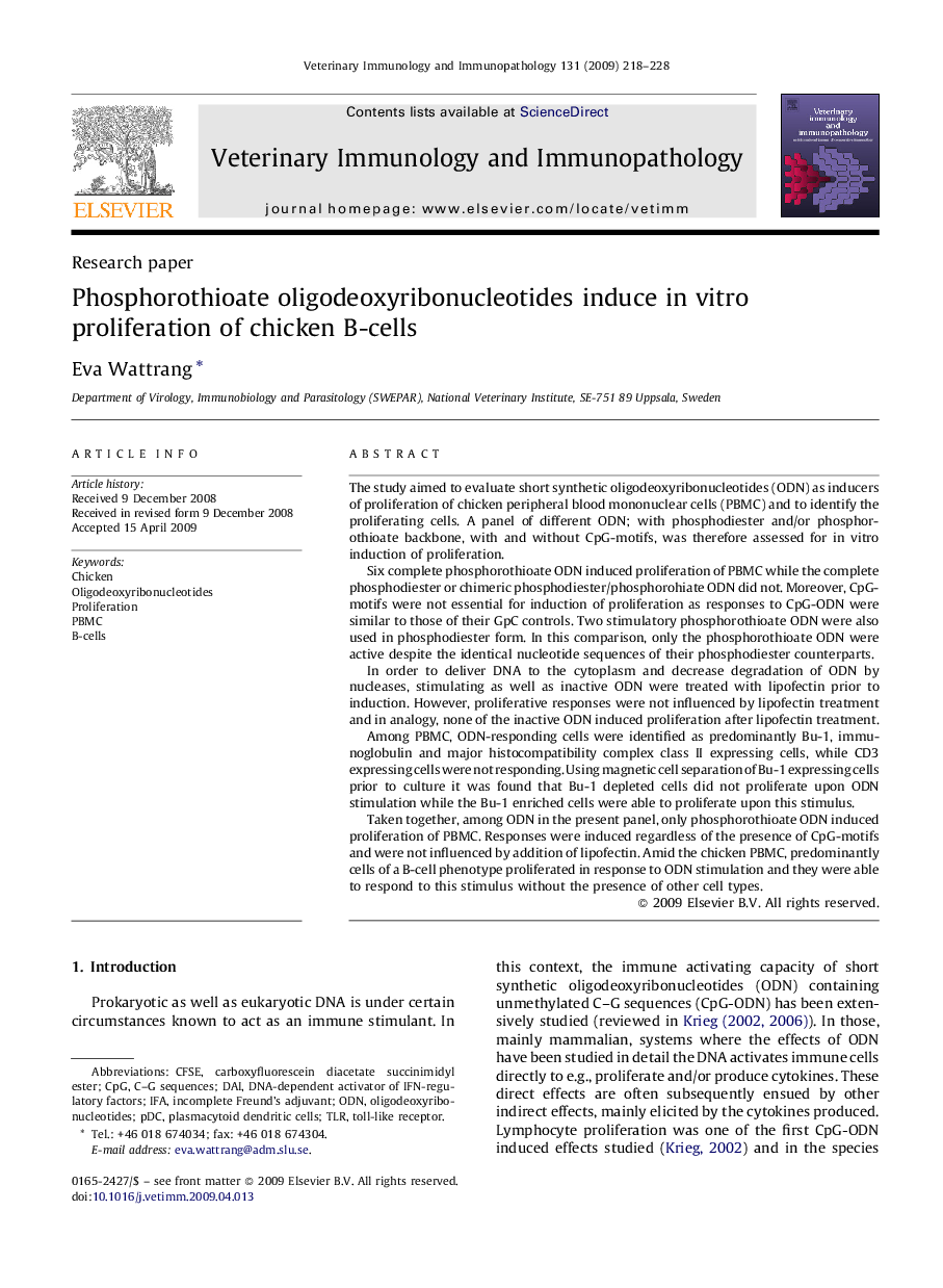 Phosphorothioate oligodeoxyribonucleotides induce in vitro proliferation of chicken B-cells