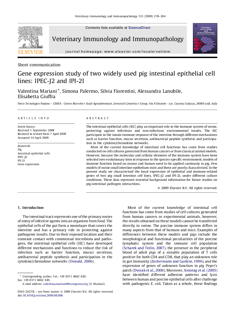 Gene expression study of two widely used pig intestinal epithelial cell lines: IPEC-J2 and IPI-2I