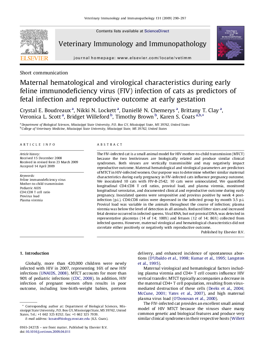 Maternal hematological and virological characteristics during early feline immunodeficiency virus (FIV) infection of cats as predictors of fetal infection and reproductive outcome at early gestation