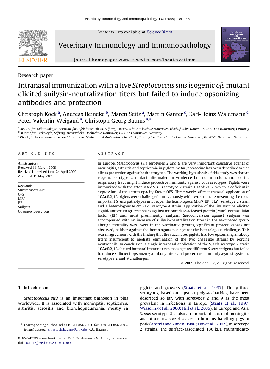 Intranasal immunization with a live Streptococcus suis isogenic ofs mutant elicited suilysin-neutralization titers but failed to induce opsonizing antibodies and protection