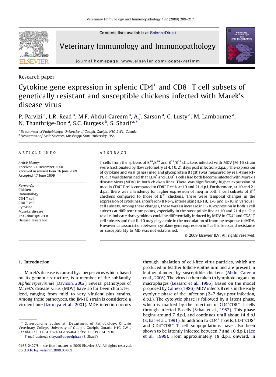 Cytokine gene expression in splenic CD4+ and CD8+ T cell subsets of genetically resistant and susceptible chickens infected with Marek's disease virus