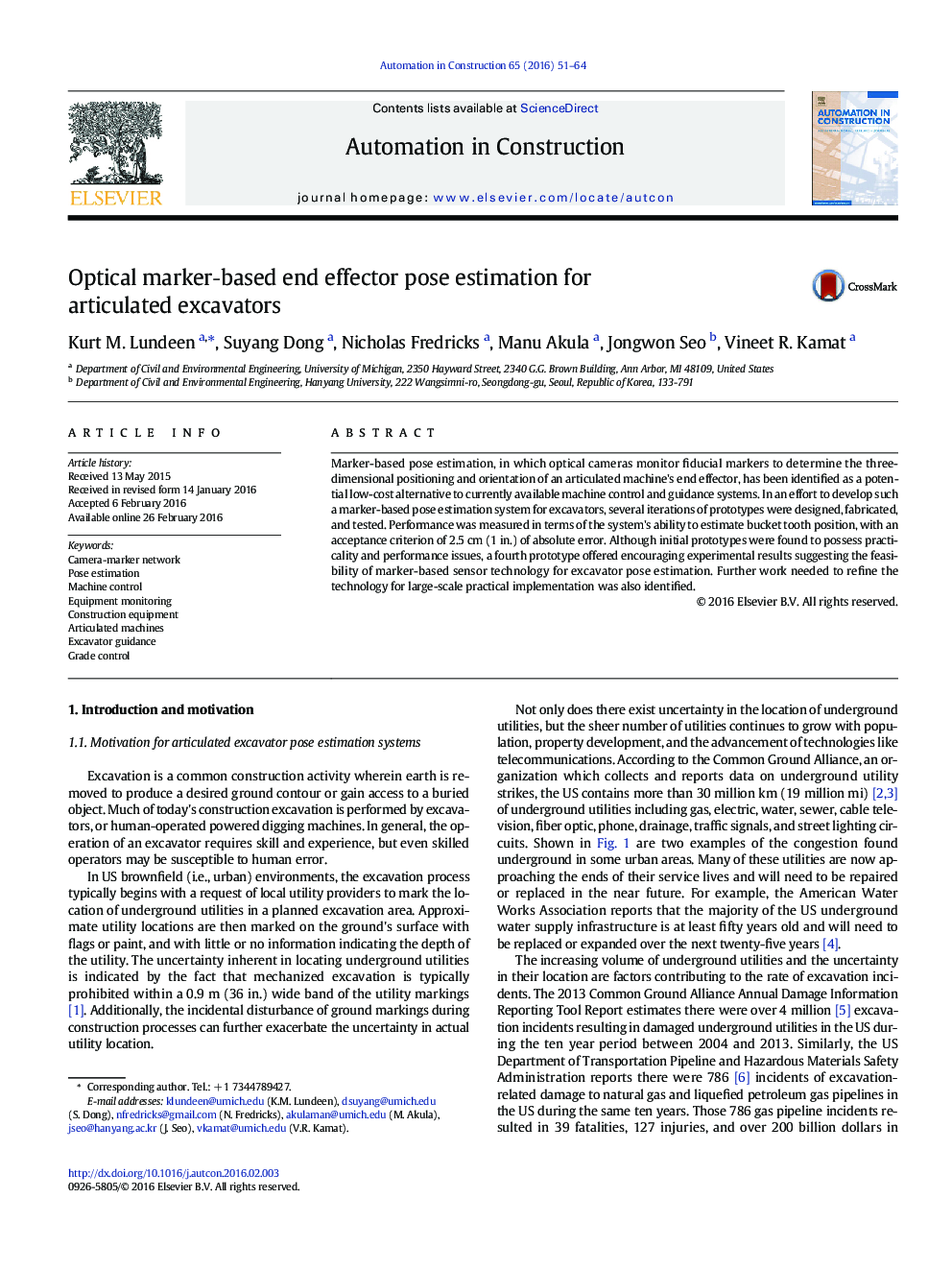 Optical marker‐based end effector pose estimation for articulated excavators