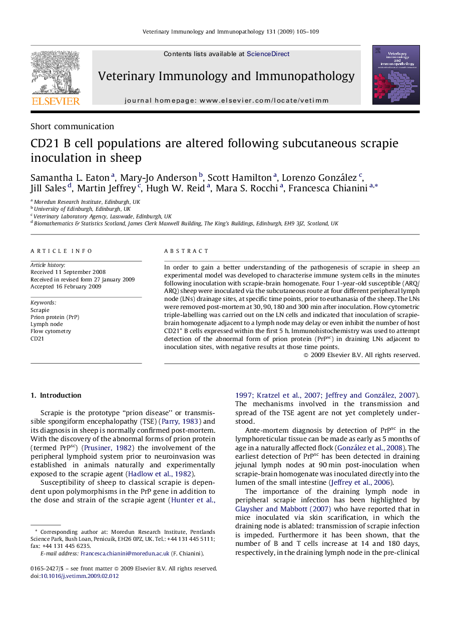 CD21 B cell populations are altered following subcutaneous scrapie inoculation in sheep