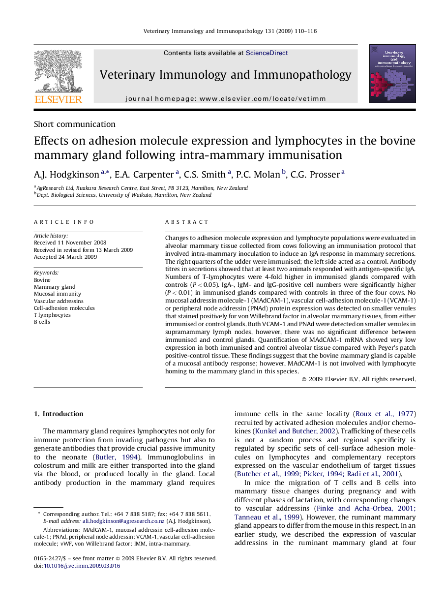 Effects on adhesion molecule expression and lymphocytes in the bovine mammary gland following intra-mammary immunisation