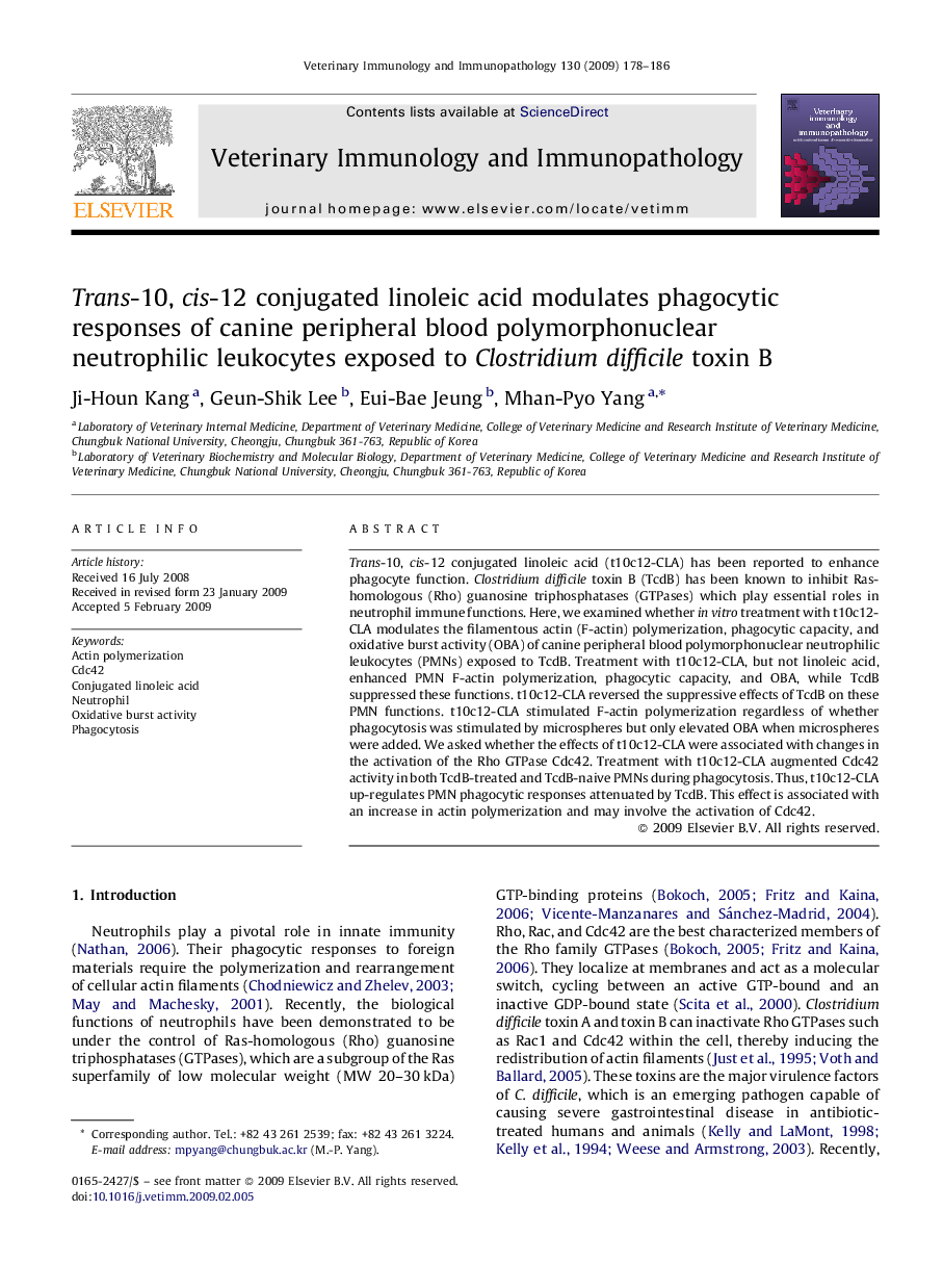 Trans-10, cis-12 conjugated linoleic acid modulates phagocytic responses of canine peripheral blood polymorphonuclear neutrophilic leukocytes exposed to Clostridium difficile toxin B