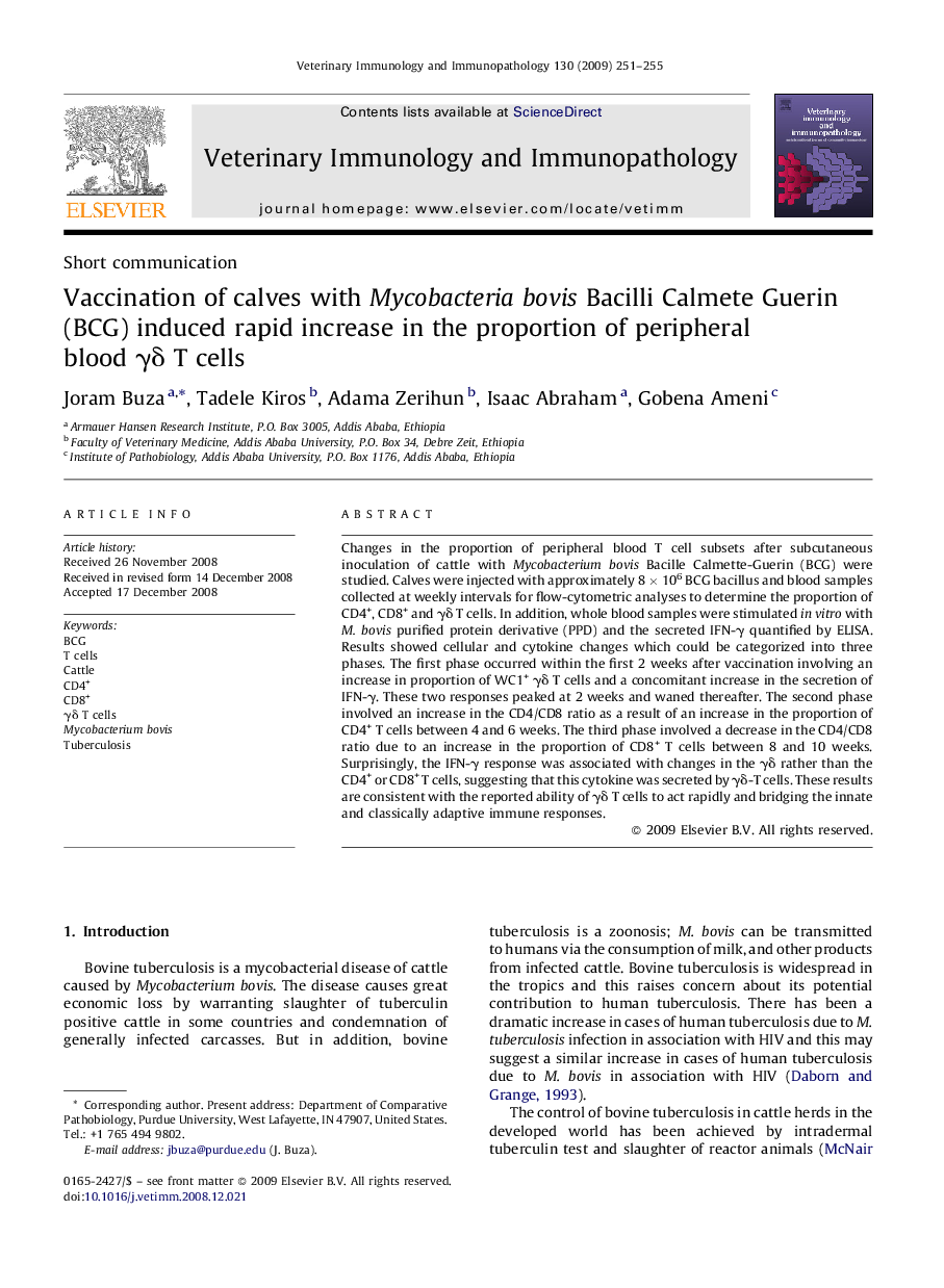 Vaccination of calves with Mycobacteria bovis Bacilli Calmete Guerin (BCG) induced rapid increase in the proportion of peripheral blood γδ T cells