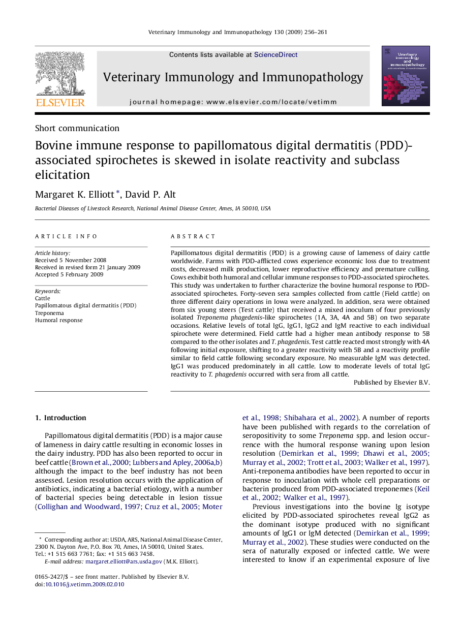 Bovine immune response to papillomatous digital dermatitis (PDD)-associated spirochetes is skewed in isolate reactivity and subclass elicitation