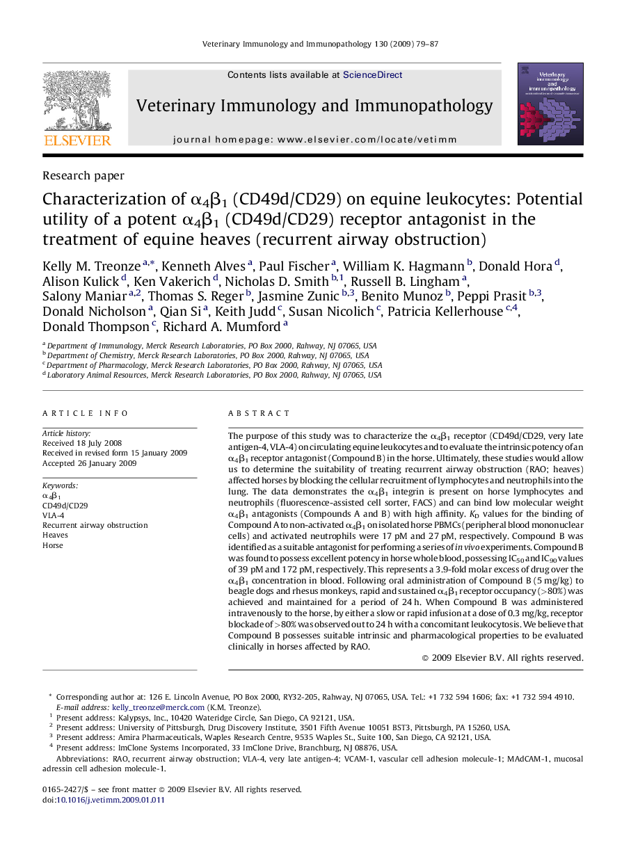 Characterization of α4β1 (CD49d/CD29) on equine leukocytes: Potential utility of a potent α4β1 (CD49d/CD29) receptor antagonist in the treatment of equine heaves (recurrent airway obstruction)