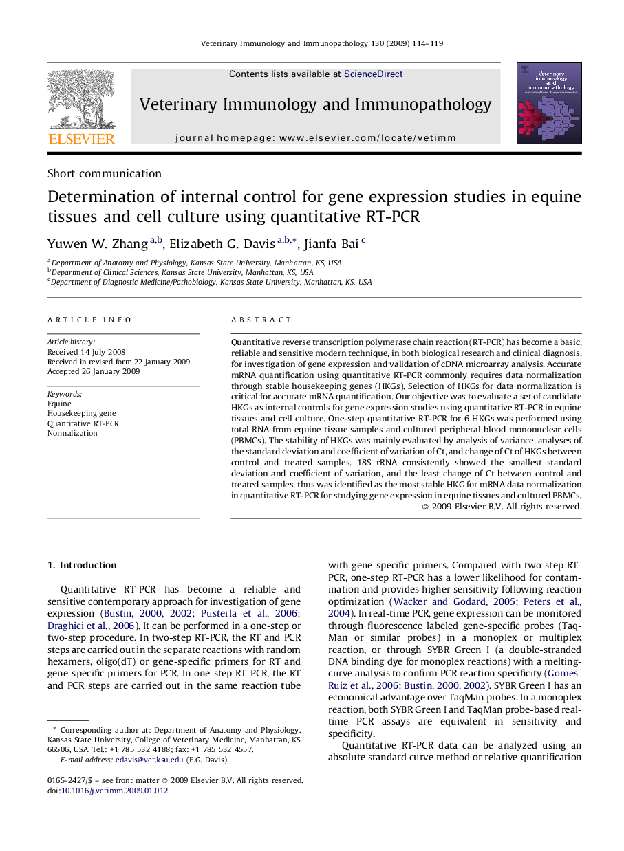 عکس صفحه اول مقاله: Determination of internal control for gene expression studies in equine tissues and cell culture using quantitative RT-PCR Determination of internal control for gene expression studies in equine tissues and cell culture using quantitative RT-PCR