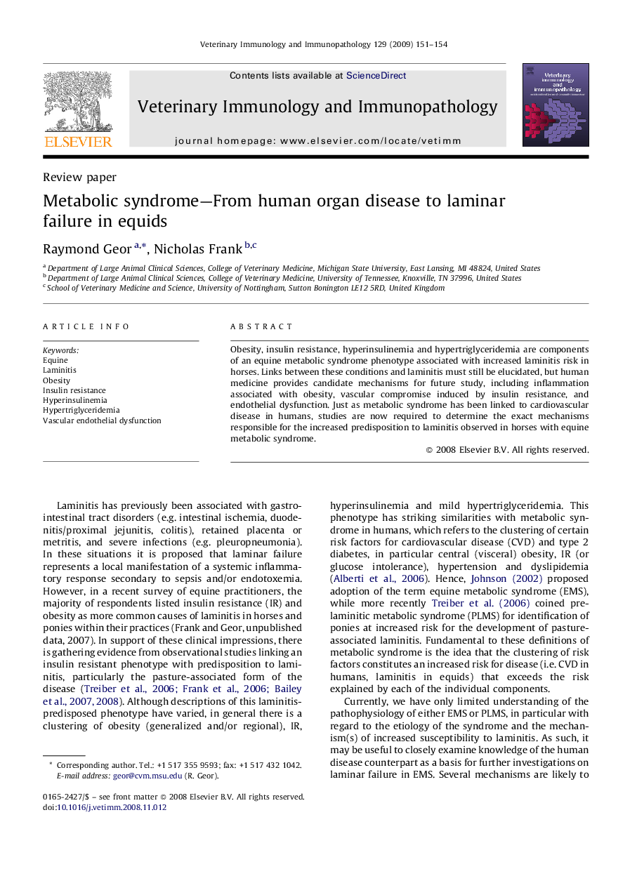 Metabolic syndrome—From human organ disease to laminar failure in equids