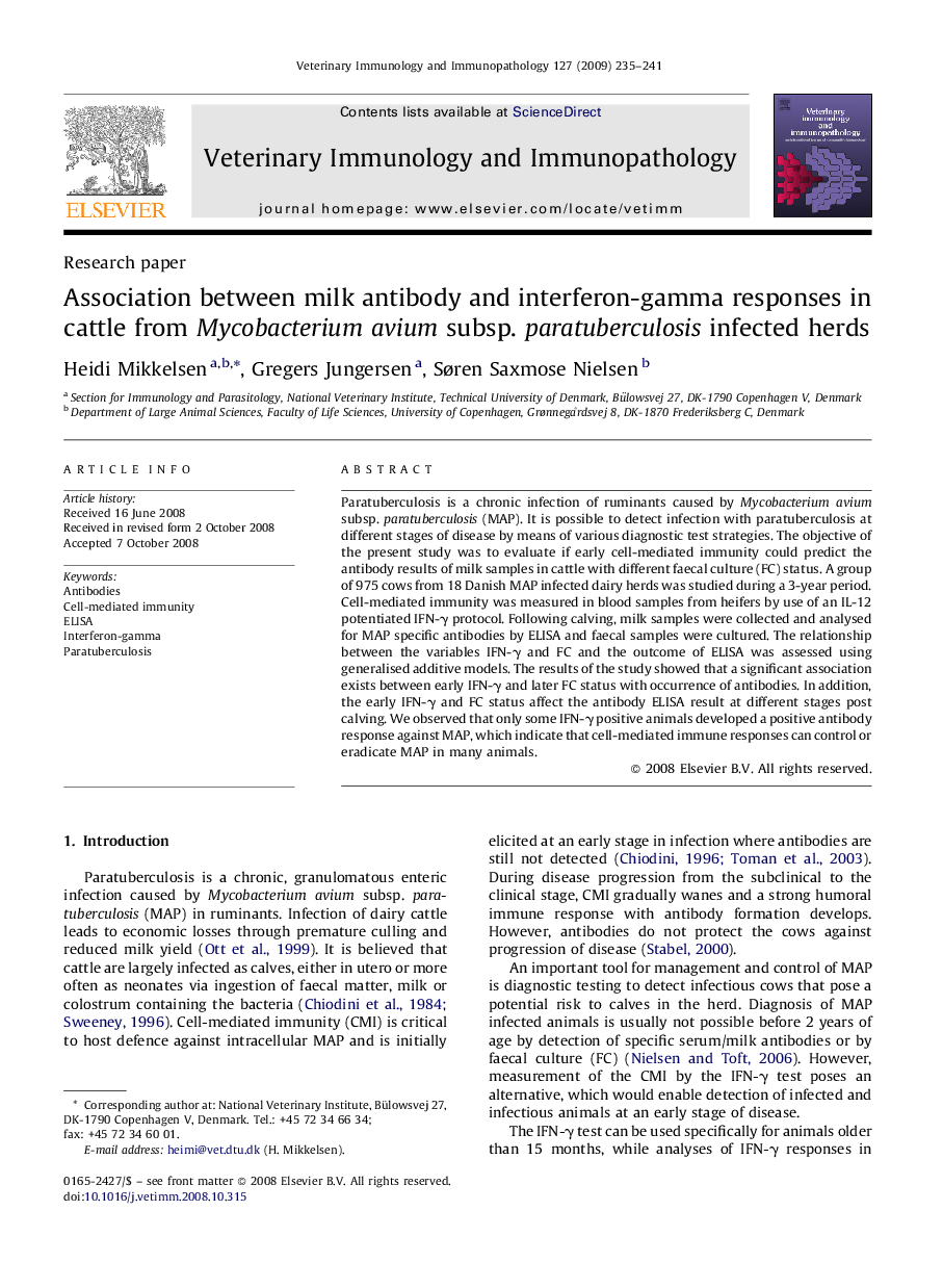 Association between milk antibody and interferon-gamma responses in cattle from Mycobacterium avium subsp. paratuberculosis infected herds