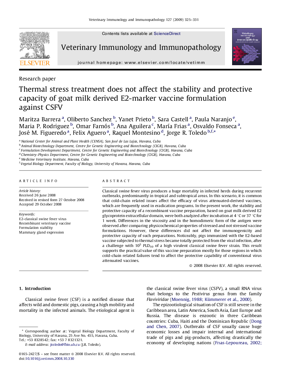 Thermal stress treatment does not affect the stability and protective capacity of goat milk derived E2-marker vaccine formulation against CSFV