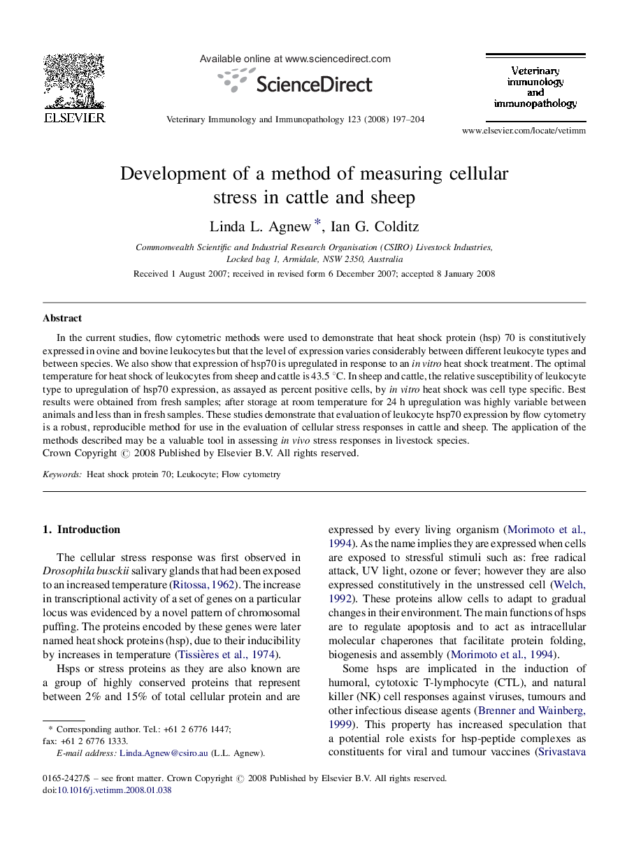 عکس صفحه اول مقاله: Development of a method of measuring cellular stress in cattle and sheep Development of a method of measuring cellular stress in cattle and sheep