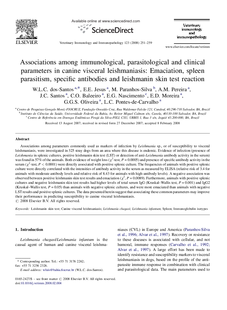 Associations among immunological, parasitological and clinical parameters in canine visceral leishmaniasis: Emaciation, spleen parasitism, specific antibodies and leishmanin skin test reaction