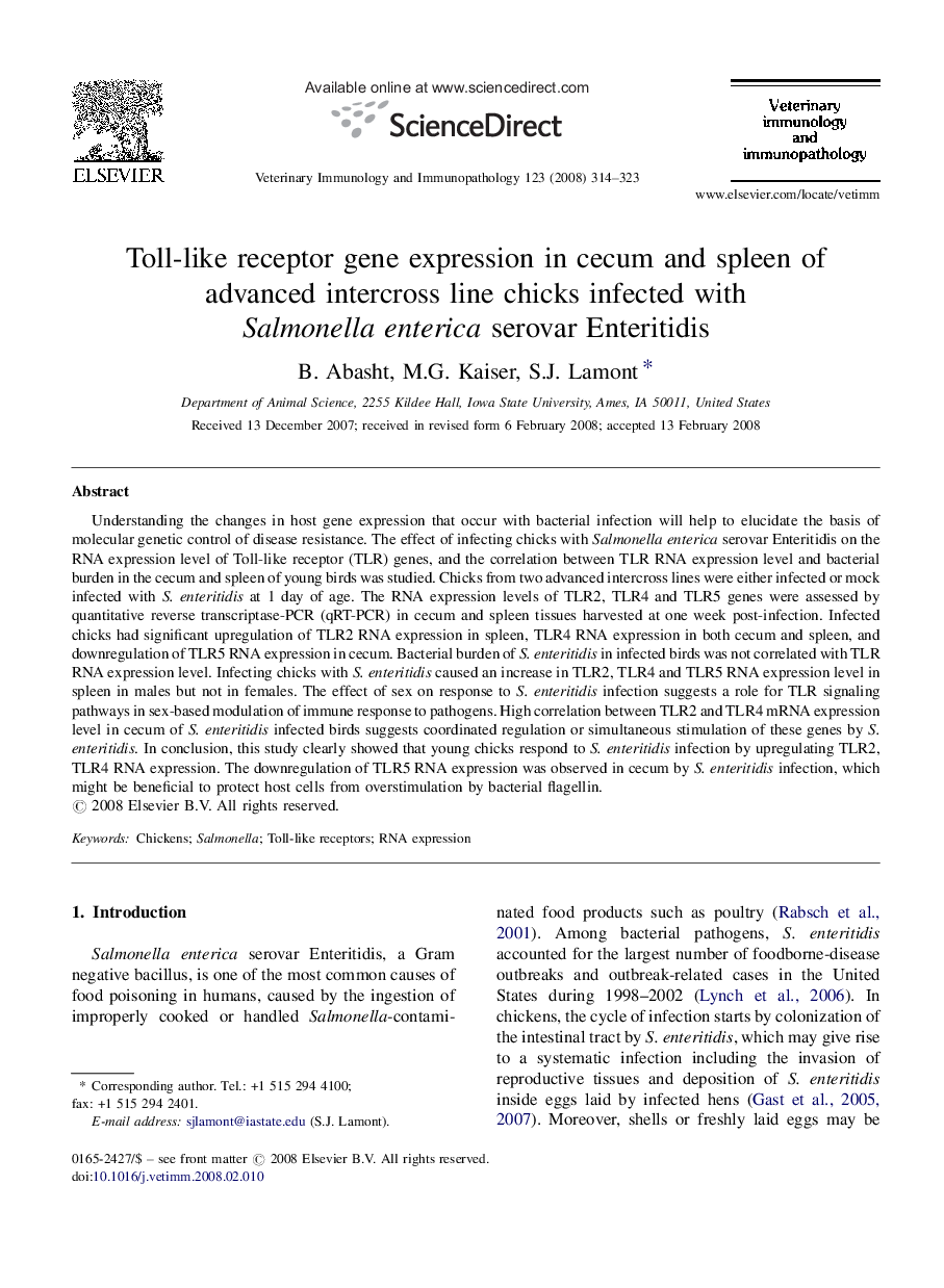 Toll-like receptor gene expression in cecum and spleen of advanced intercross line chicks infected with Salmonella enterica serovar Enteritidis