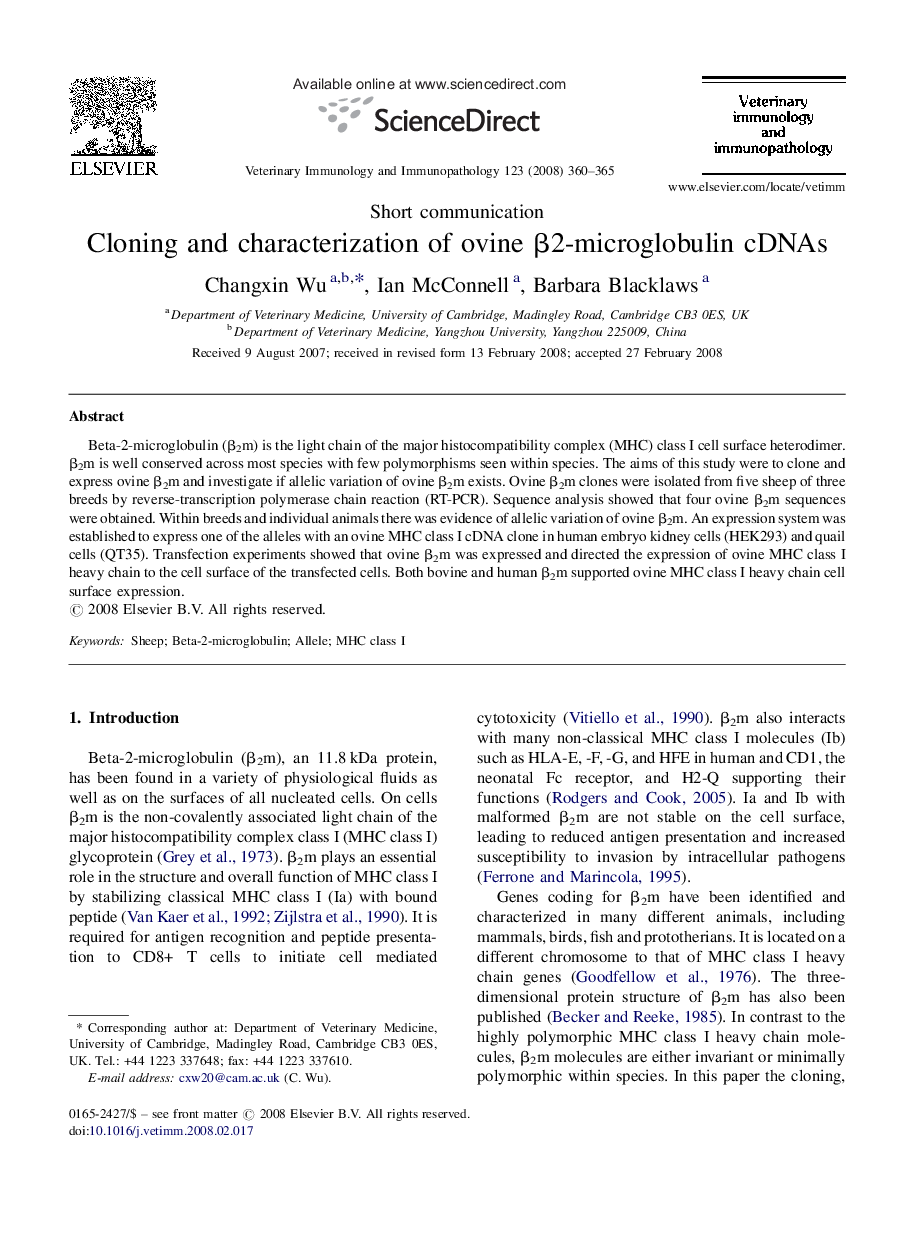 Cloning and characterization of ovine Î²2-microglobulin cDNAs