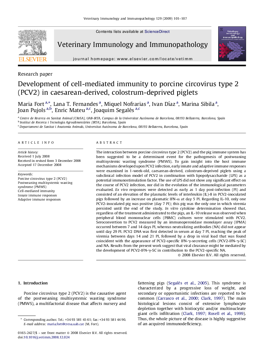 Development of cell-mediated immunity to porcine circovirus type 2 (PCV2) in caesarean-derived, colostrum-deprived piglets