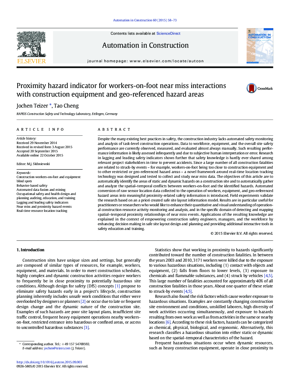 Proximity hazard indicator for workers-on-foot near miss interactions with construction equipment and geo-referenced hazard areas