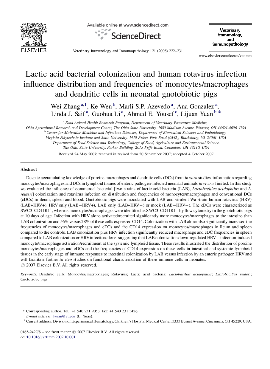 Lactic acid bacterial colonization and human rotavirus infection influence distribution and frequencies of monocytes/macrophages and dendritic cells in neonatal gnotobiotic pigs