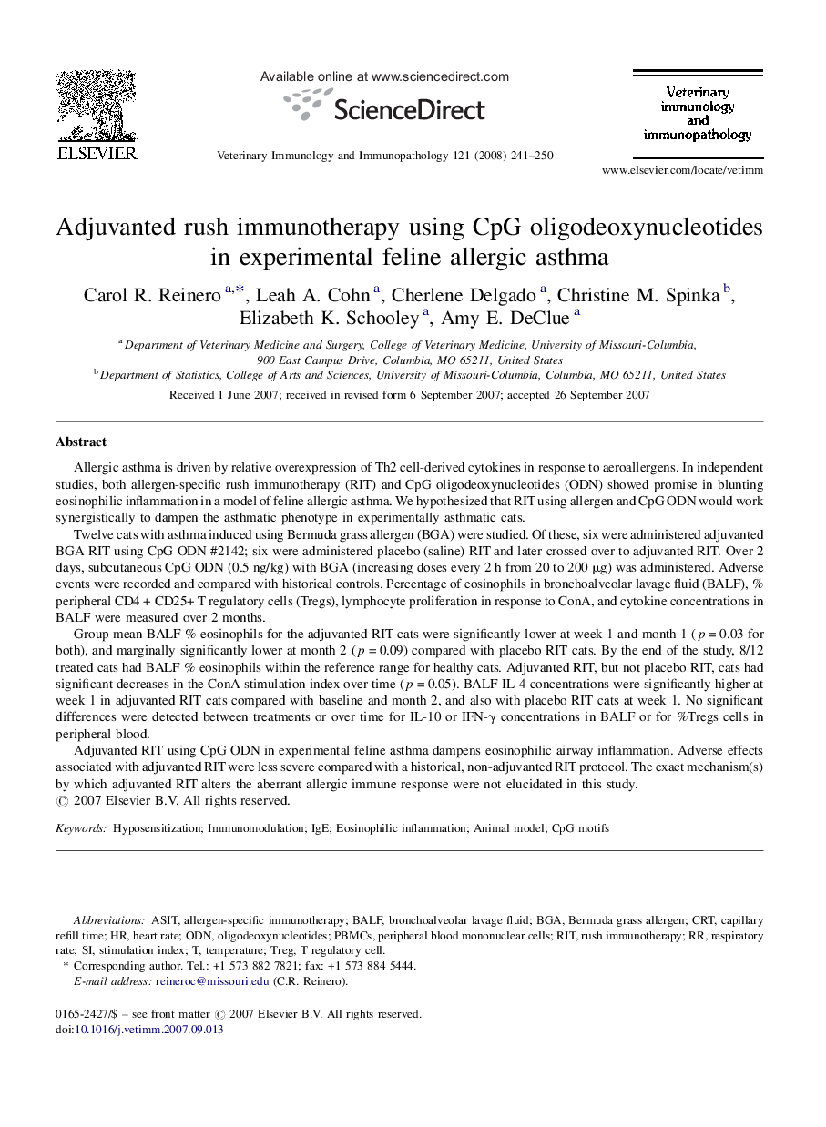 Adjuvanted rush immunotherapy using CpG oligodeoxynucleotides in experimental feline allergic asthma