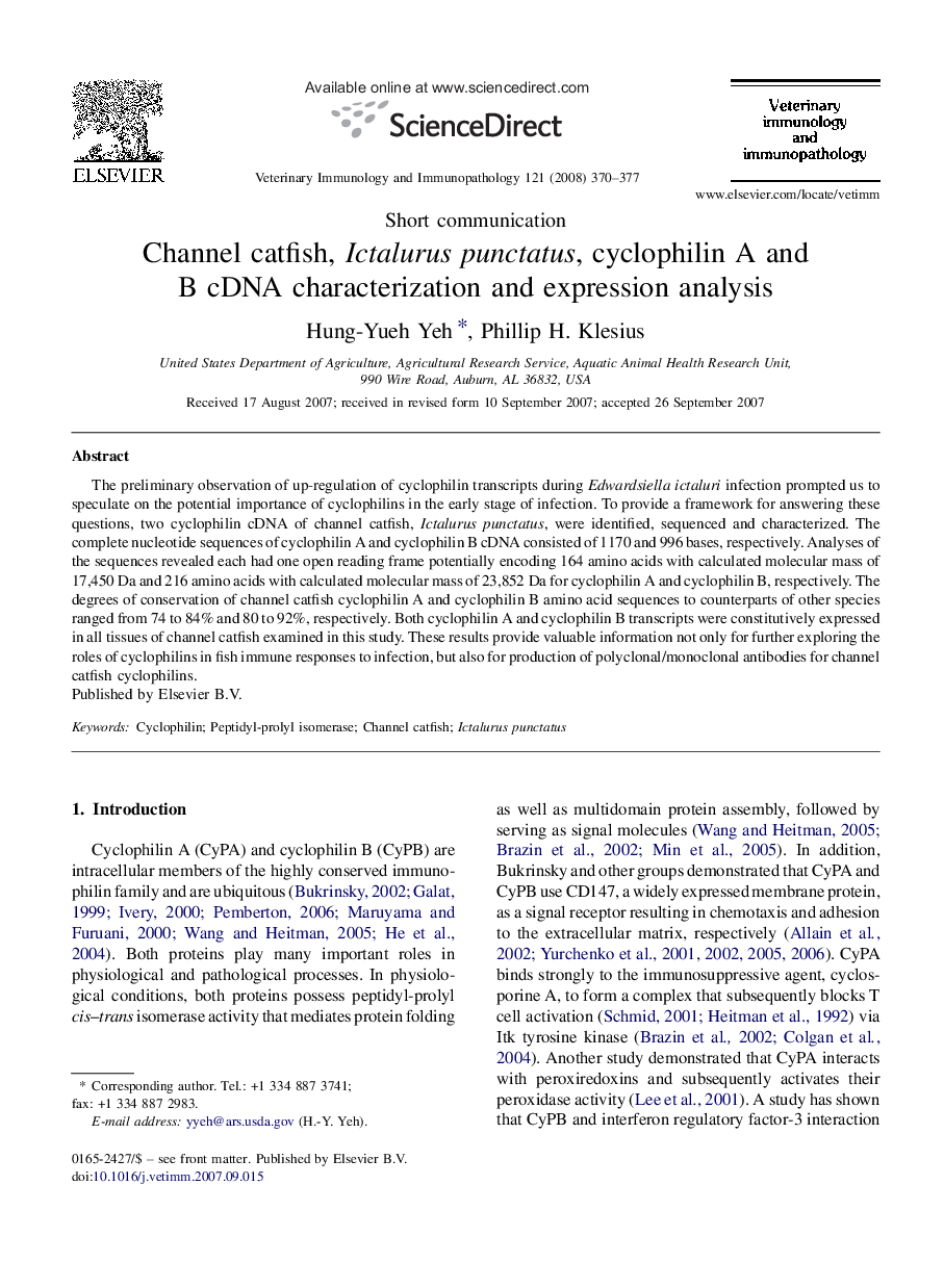 Channel catfish, Ictalurus punctatus, cyclophilin A and B cDNA characterization and expression analysis