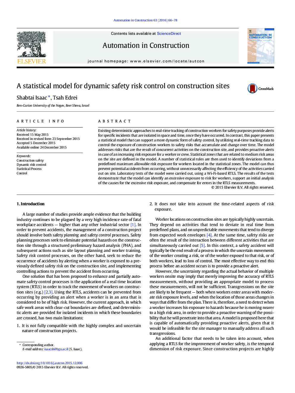 A statistical model for dynamic safety risk control on construction sites