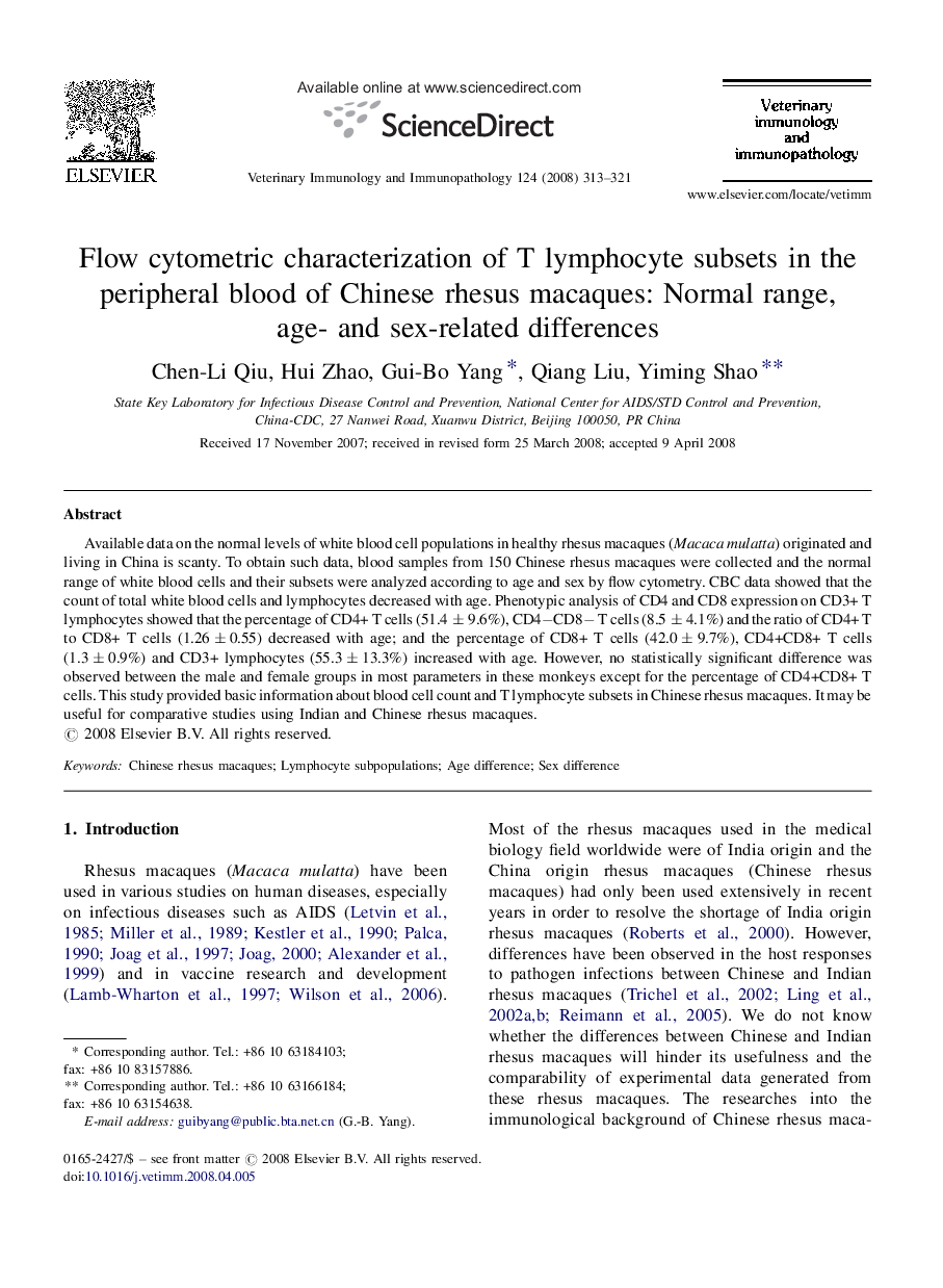 Flow cytometric characterization of T lymphocyte subsets in the peripheral blood of Chinese rhesus macaques: Normal range, age- and sex-related differences