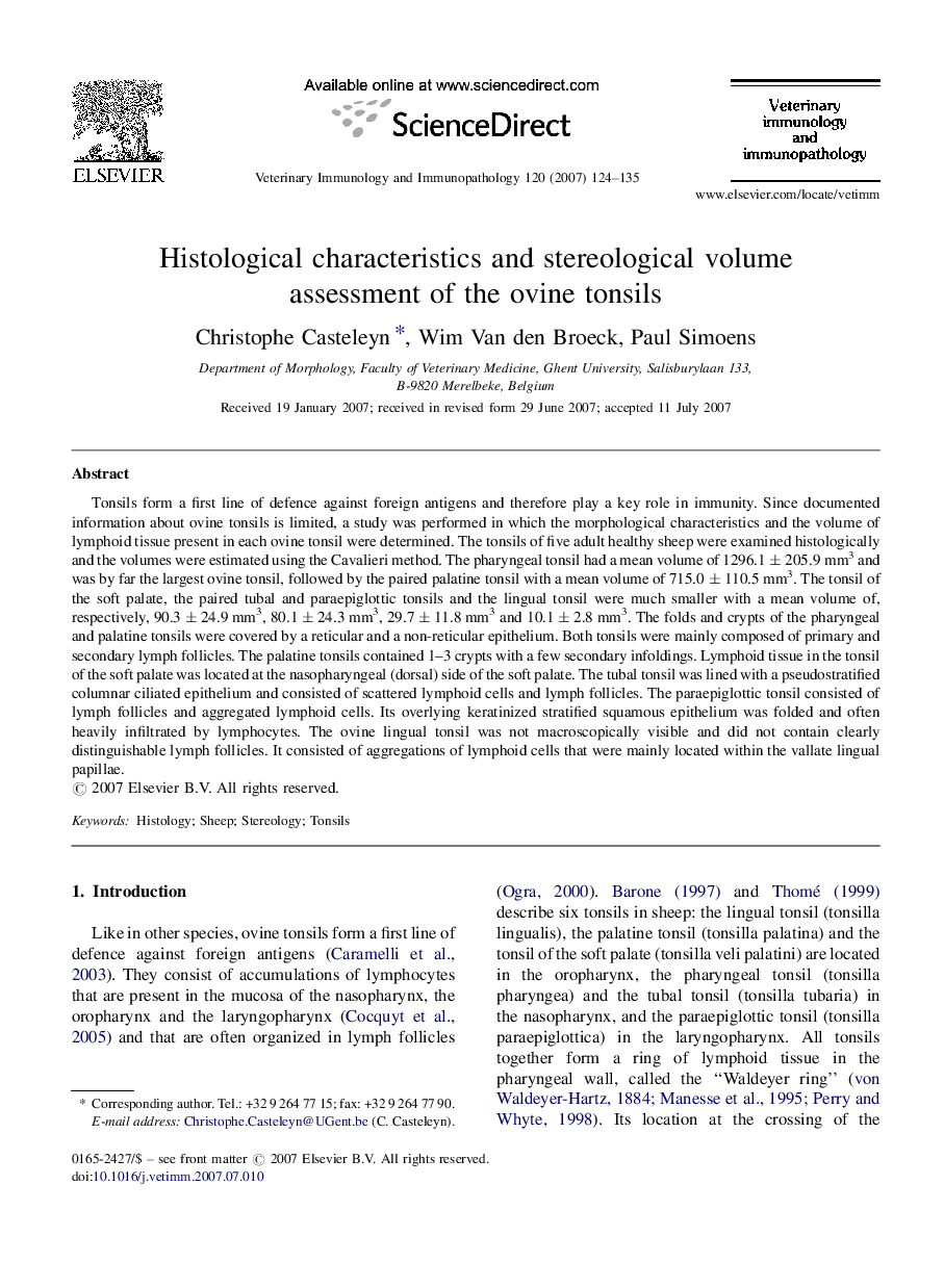 Histological characteristics and stereological volume assessment of the ovine tonsils