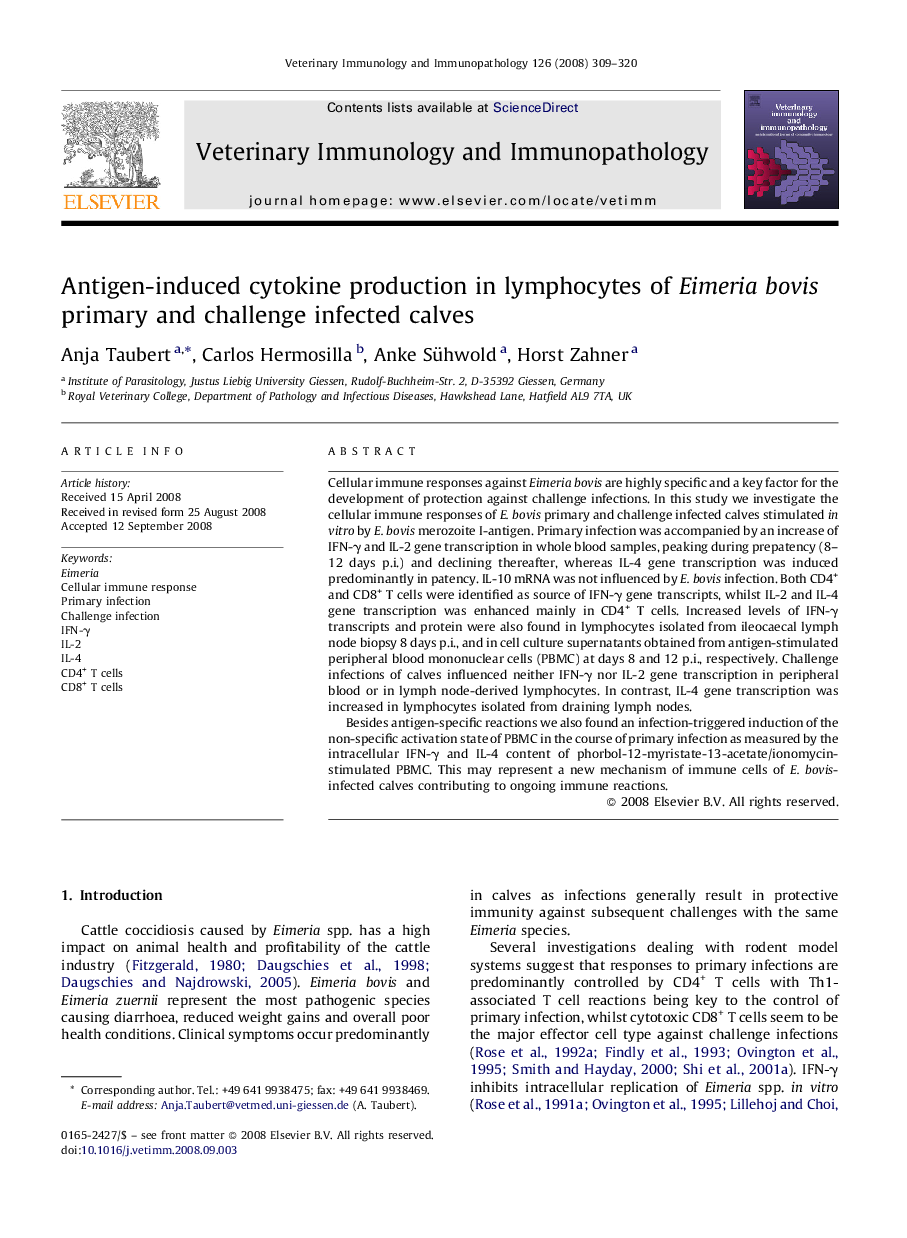 Antigen-induced cytokine production in lymphocytes of Eimeria bovis primary and challenge infected calves